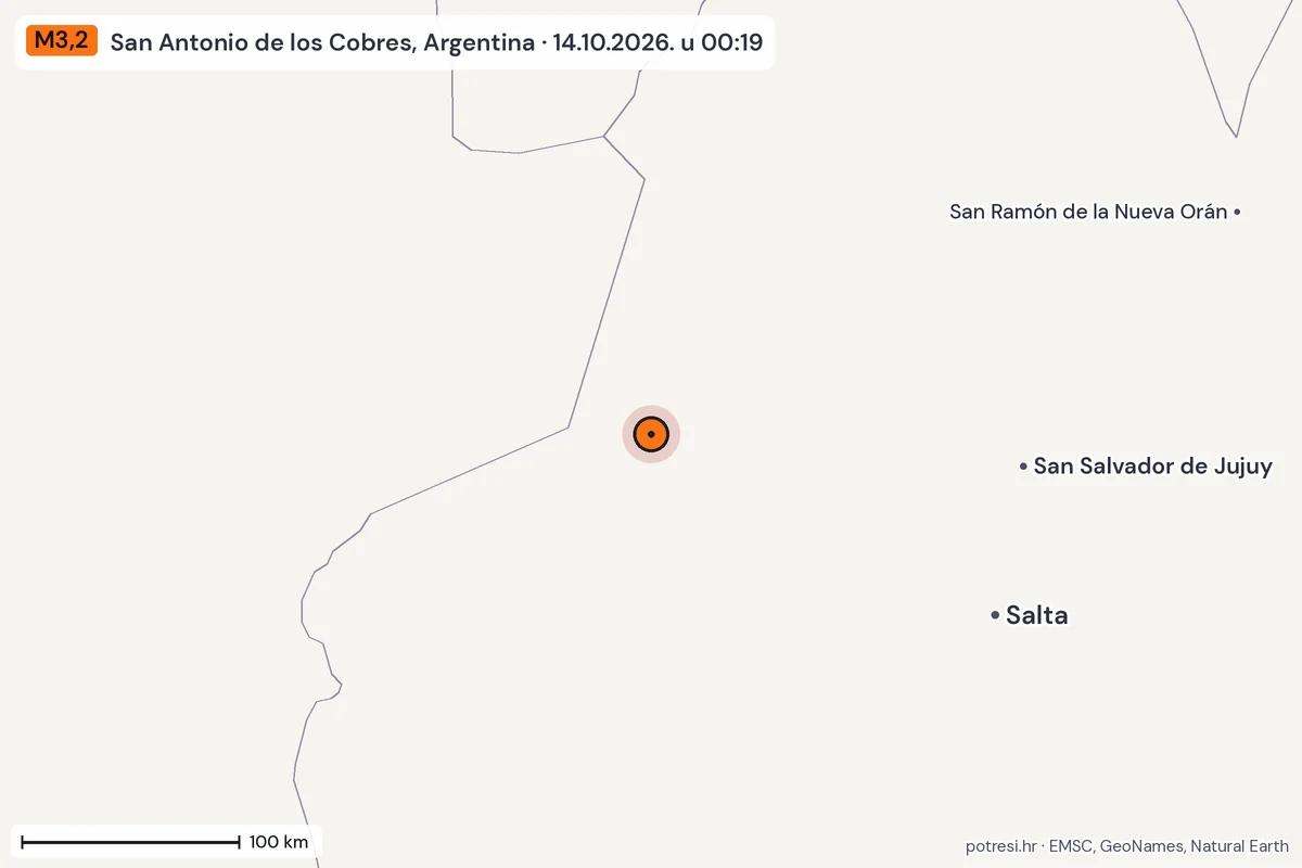 Karta: šire područje, 600 km, potres M3,2, San Antonio de los Cobres, Argentina, 14.10.2026.