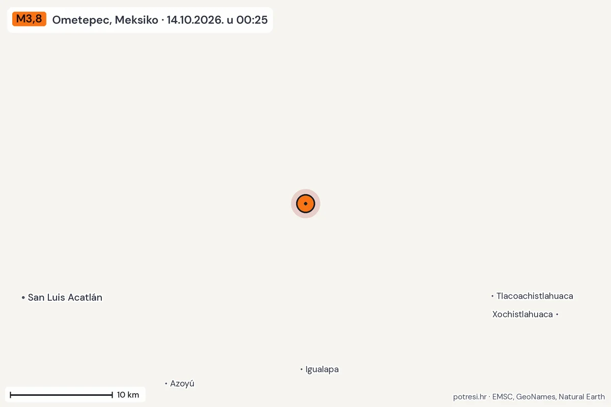 Karta: okolica epicentra, 60 km, potres M3,8, Ometepec, Meksiko, 14.10.2026.