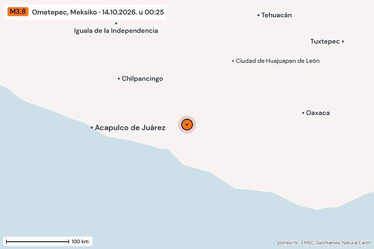 Karta: šire područje, 600 km, potres M3,8, Ometepec, Meksiko, 14.10.2026.