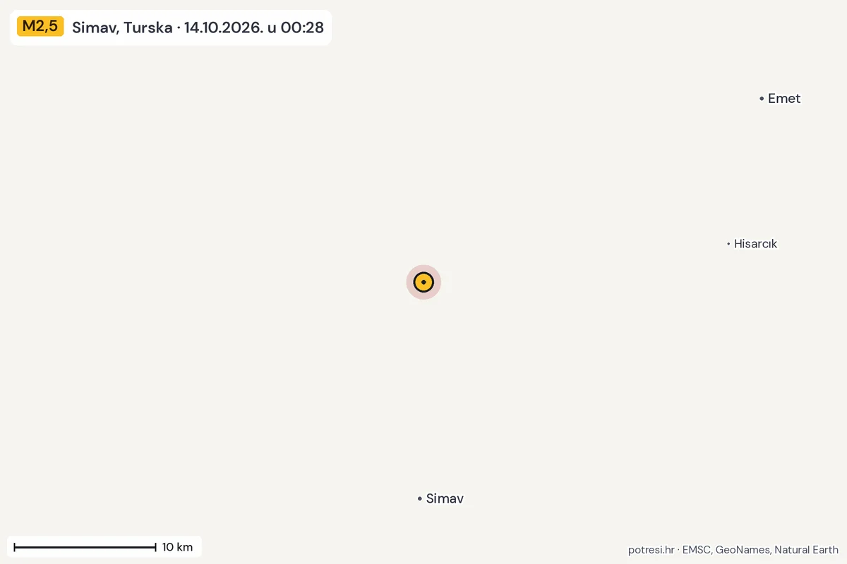 Karta: okolica epicentra, 60 km, potres M2,5, Simav, Turska, 14.10.2026.