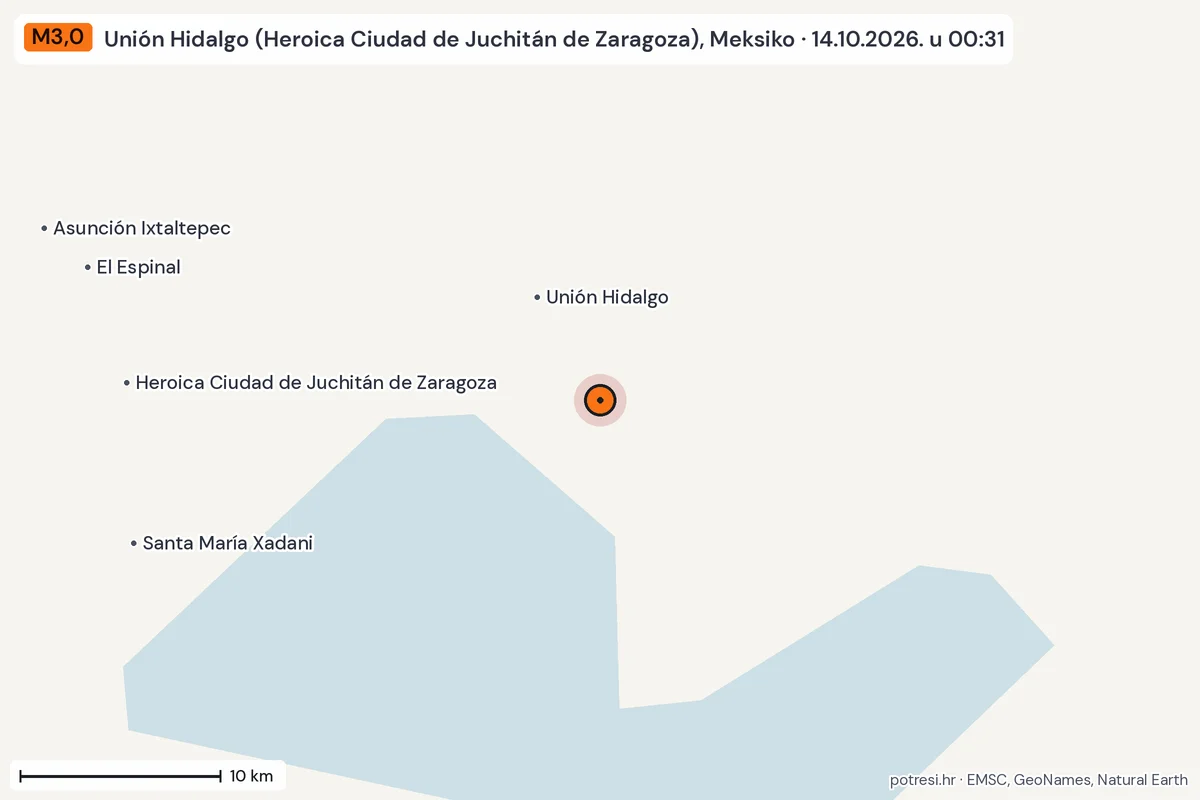 Karta: okolica epicentra, 60 km, potres M3,0, Unión Hidalgo (Heroica Ciudad de Juchitán de Zaragoza), Meksiko, 14.10.2026.