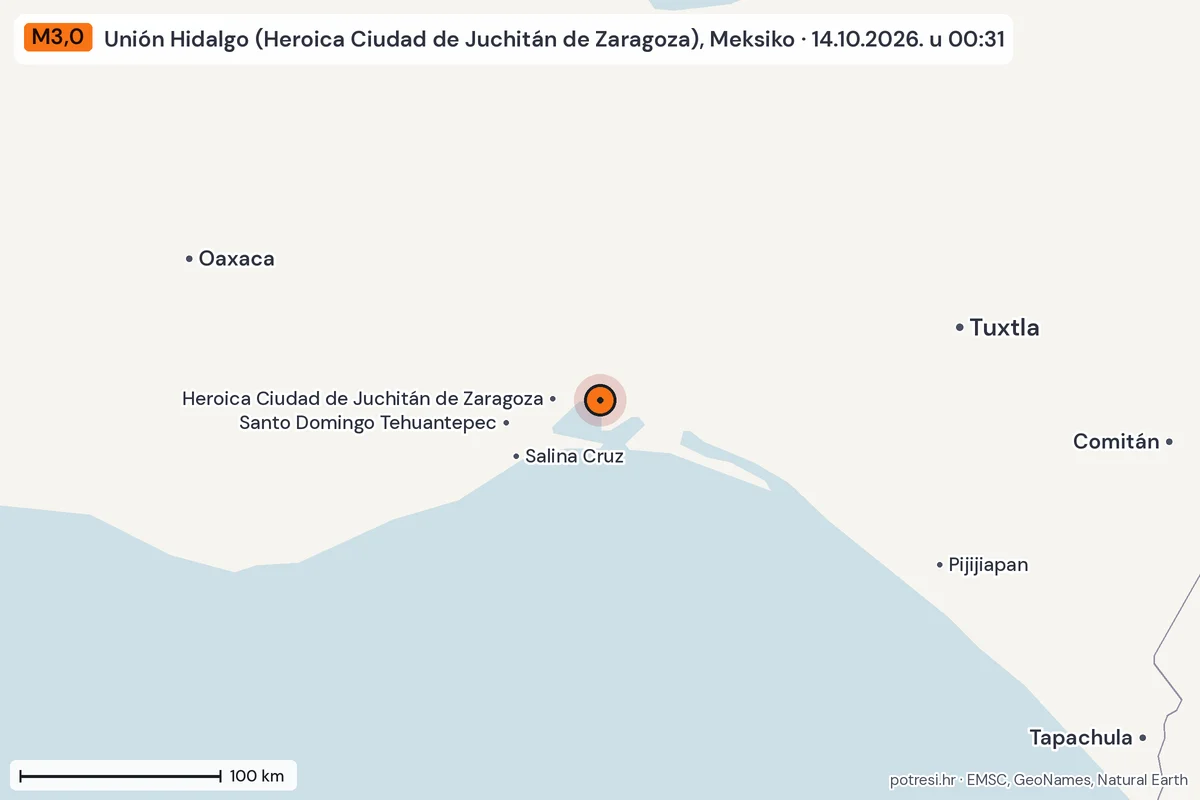 Karta: šire područje, 600 km, potres M3,0, Unión Hidalgo (Heroica Ciudad de Juchitán de Zaragoza), Meksiko, 14.10.2026.