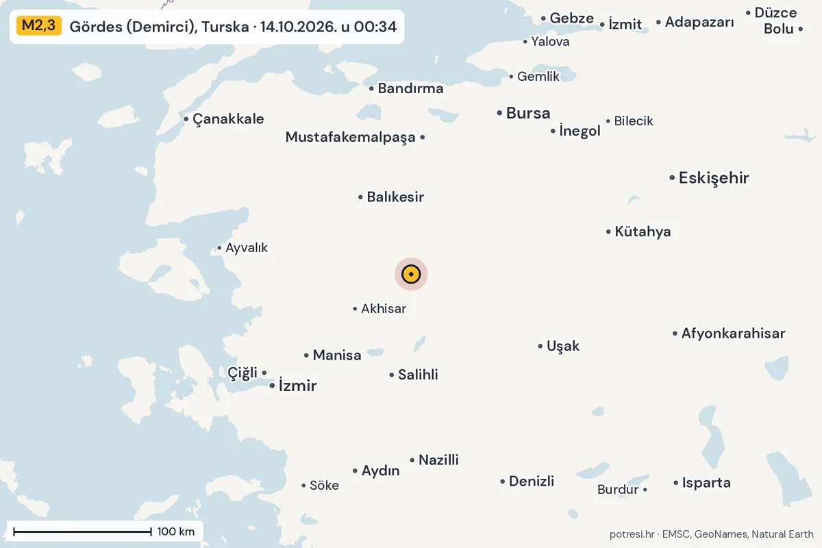 Karta: šire područje, 600 km, potres M2,3, Gördes (Demirci), Turska, 14.10.2026.