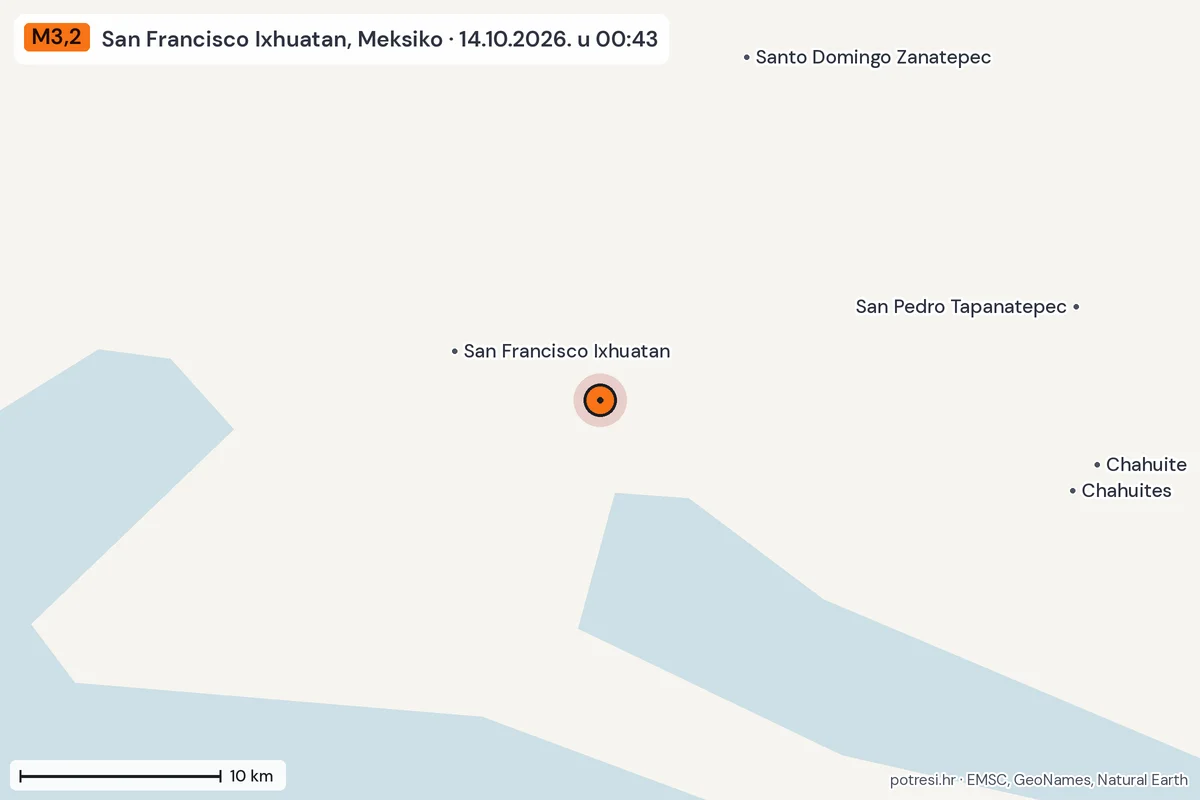 Karta: okolica epicentra, 60 km, potres M3,2, San Francisco Ixhuatan, Meksiko, 14.10.2026.