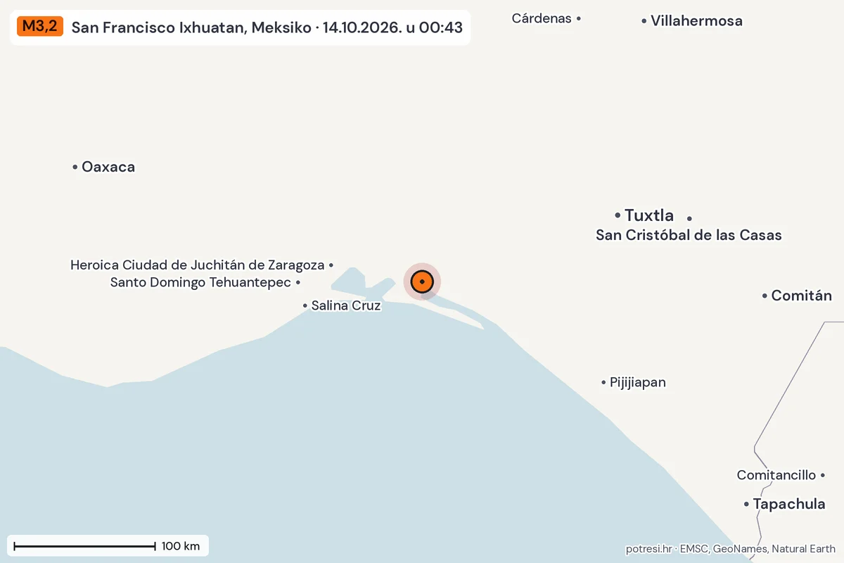 Karta: šire područje, 600 km, potres M3,2, San Francisco Ixhuatan, Meksiko, 14.10.2026.