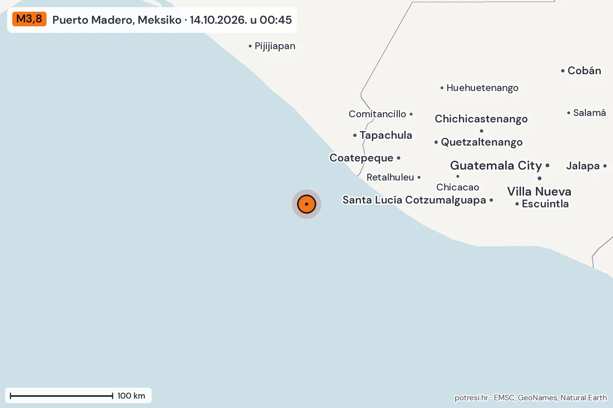 Karta: šire područje, 600 km, potres M3,8, Puerto Madero, Meksiko, 14.10.2026.