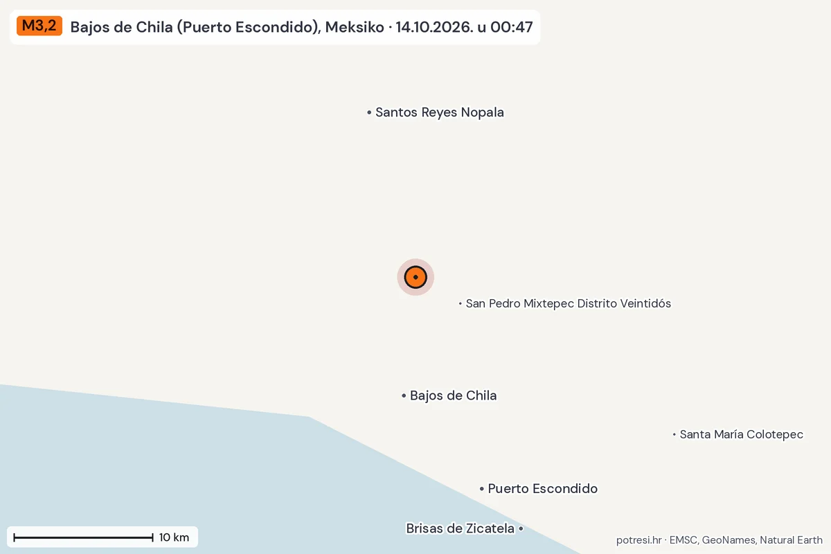 Karta: okolica epicentra, 60 km, potres M3,2, Bajos de Chila (Puerto Escondido), Meksiko, 14.10.2026.