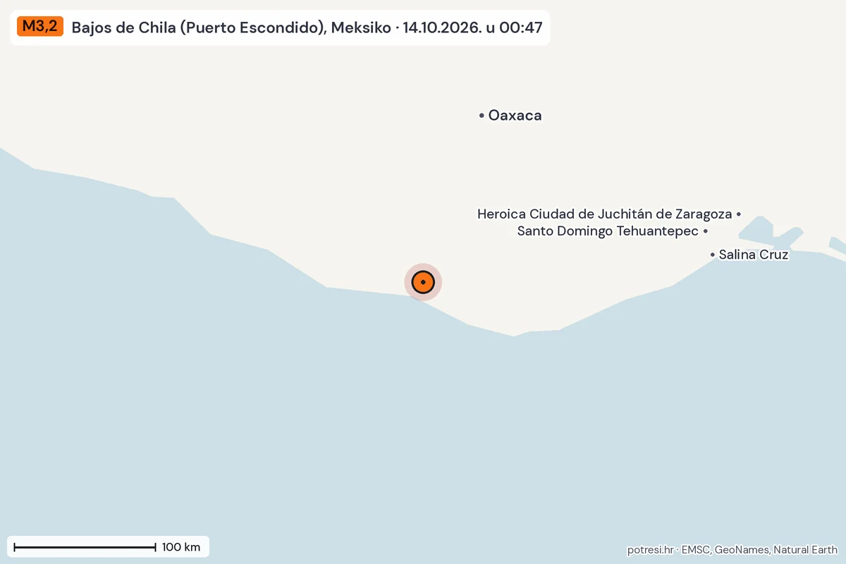 Karta: šire područje, 600 km, potres M3,2, Bajos de Chila (Puerto Escondido), Meksiko, 14.10.2026.