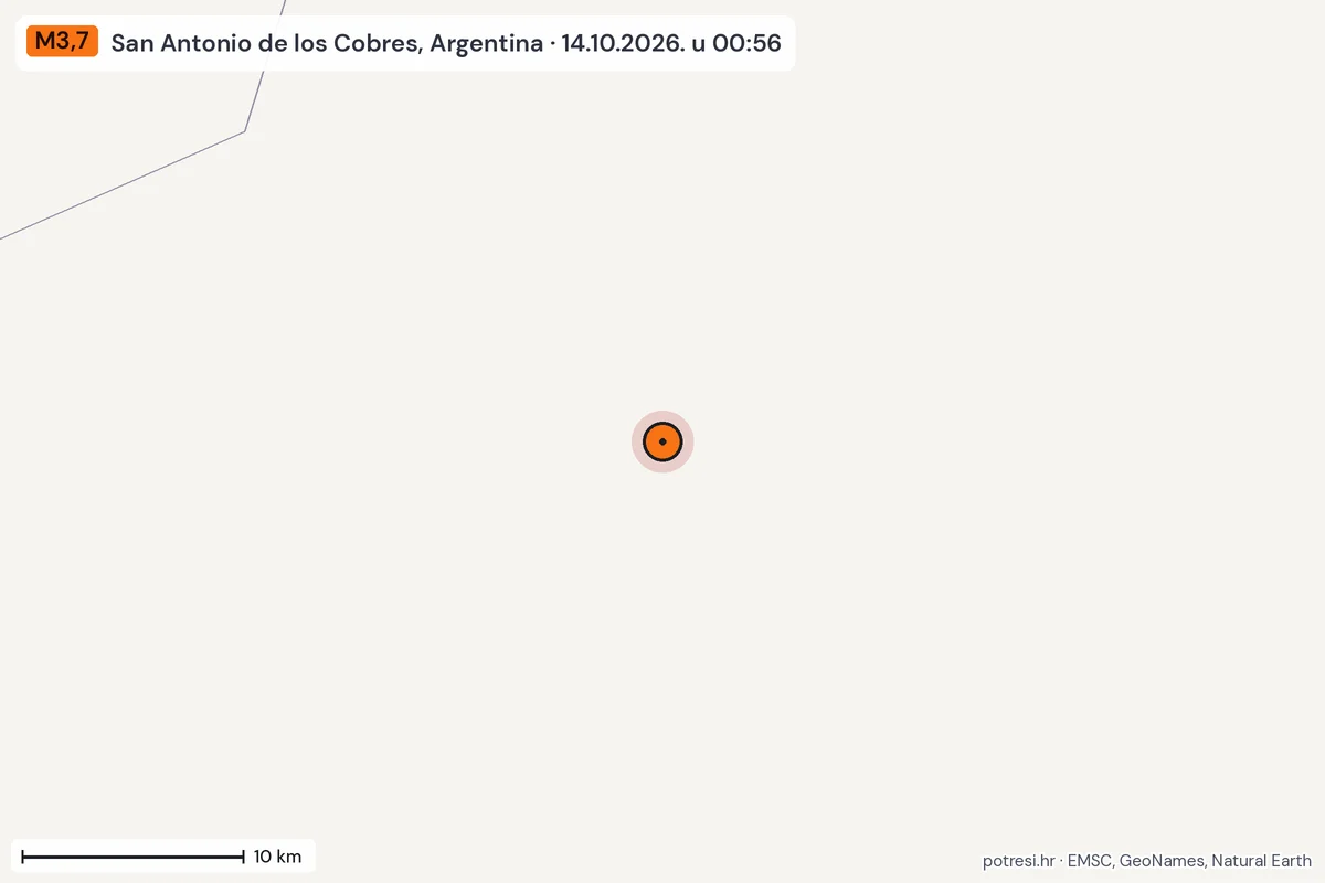Karta: okolica epicentra, 60 km, potres M3,7, San Antonio de los Cobres, Argentina, 14.10.2026.
