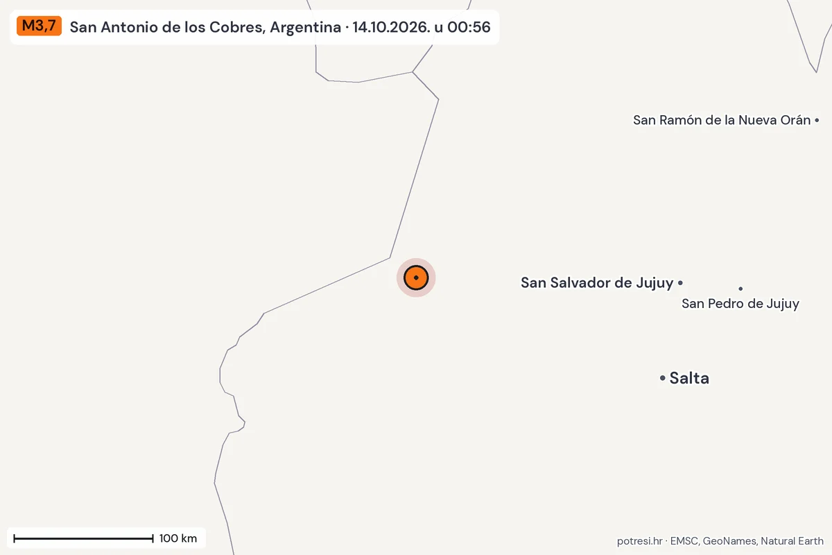 Karta: šire područje, 600 km, potres M3,7, San Antonio de los Cobres, Argentina, 14.10.2026.