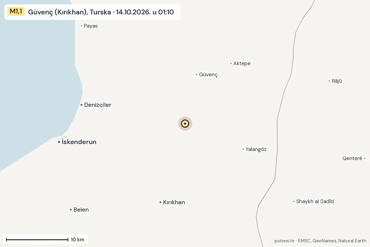 Karta: okolica epicentra, 60 km, potres M1,1, Güvenç (Kırıkhan), Turska, 14.10.2026.