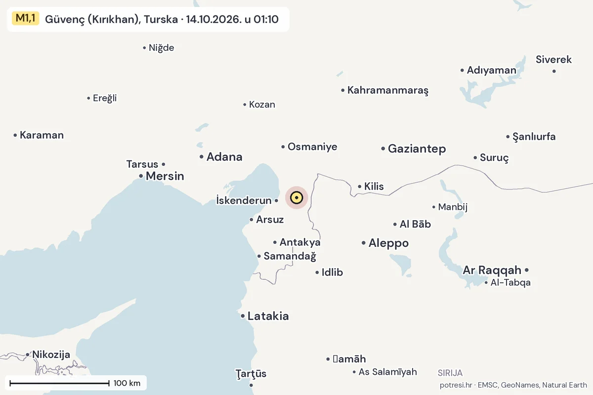 Karta: šire područje, 600 km, potres M1,1, Güvenç (Kırıkhan), Turska, 14.10.2026.
