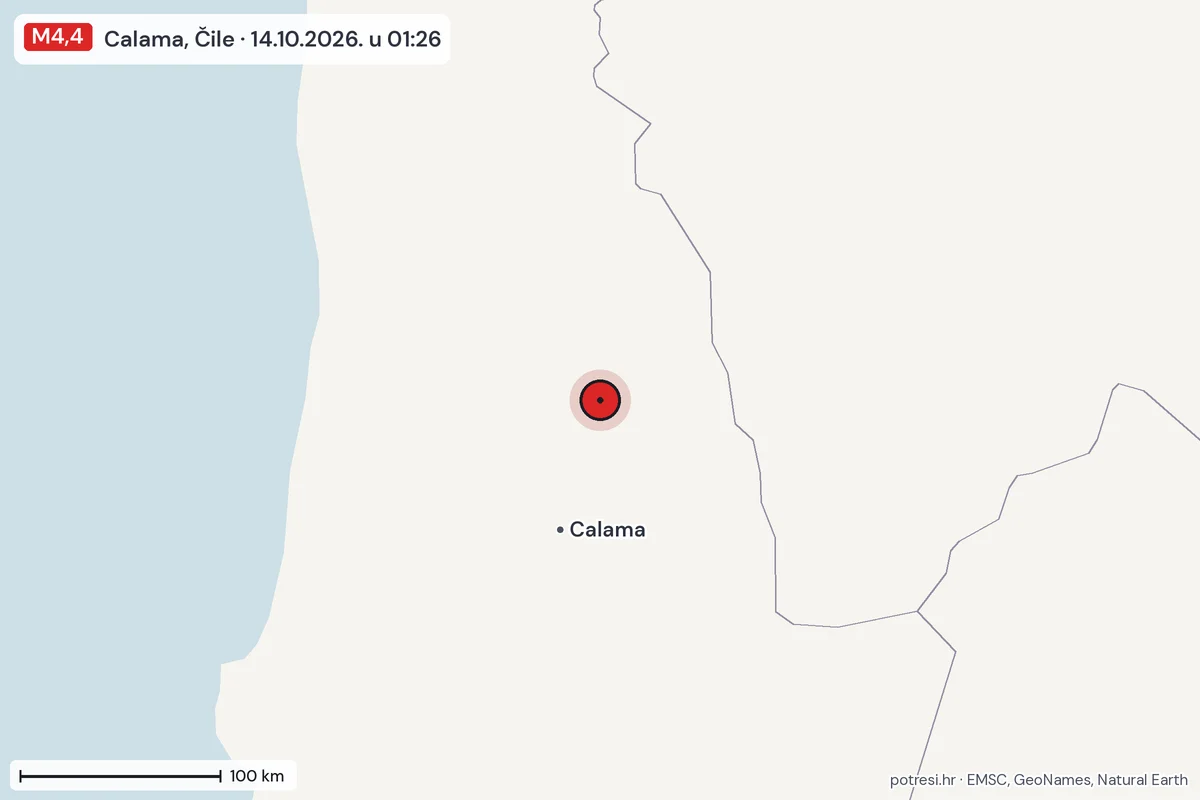 Karta: šire područje, 600 km, potres M4,4, Calama, Čile, 14.10.2026.