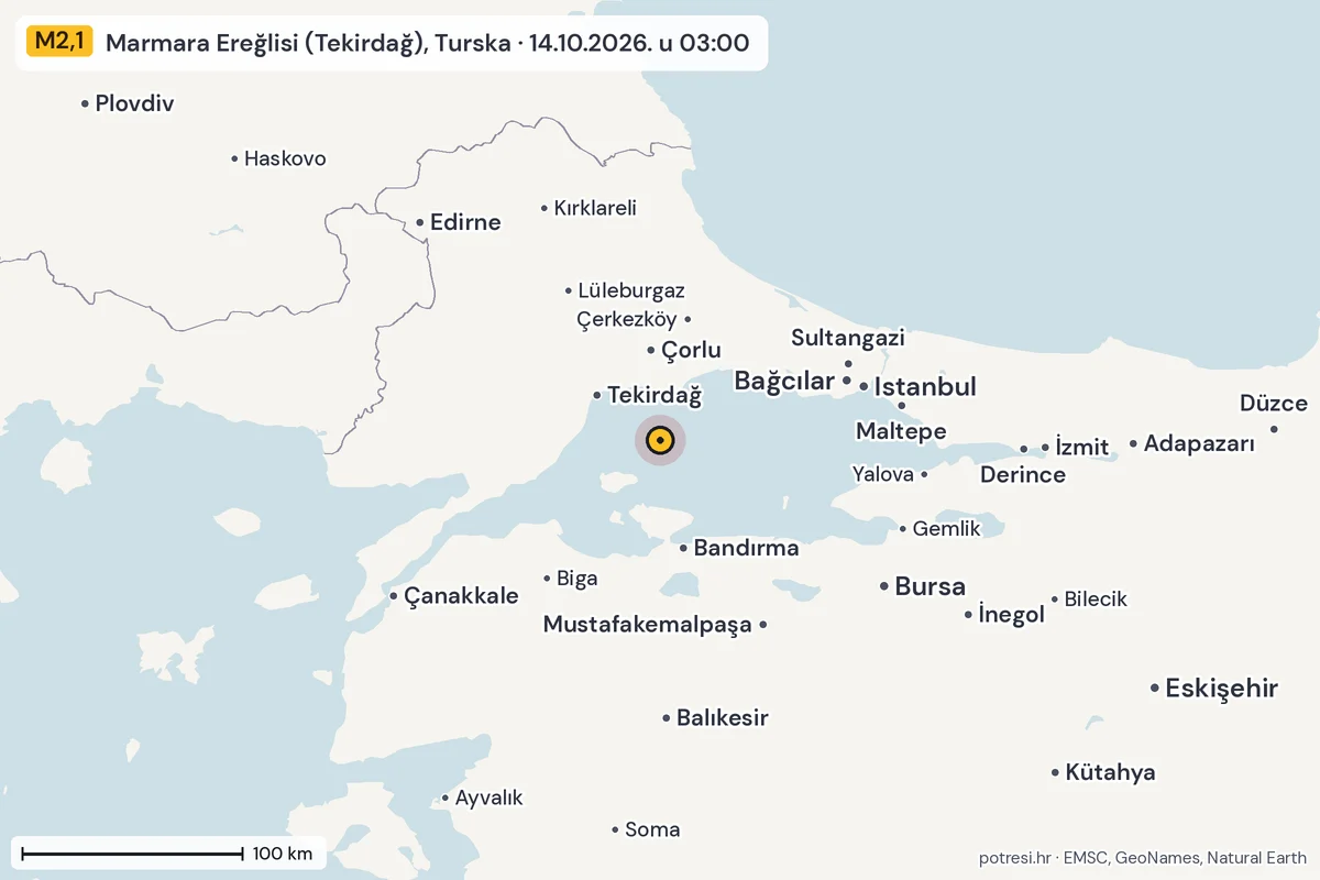 Karta: šire područje, 600 km, potres M2,1, Marmara Ereğlisi (Tekirdağ), Turska, 14.10.2026.