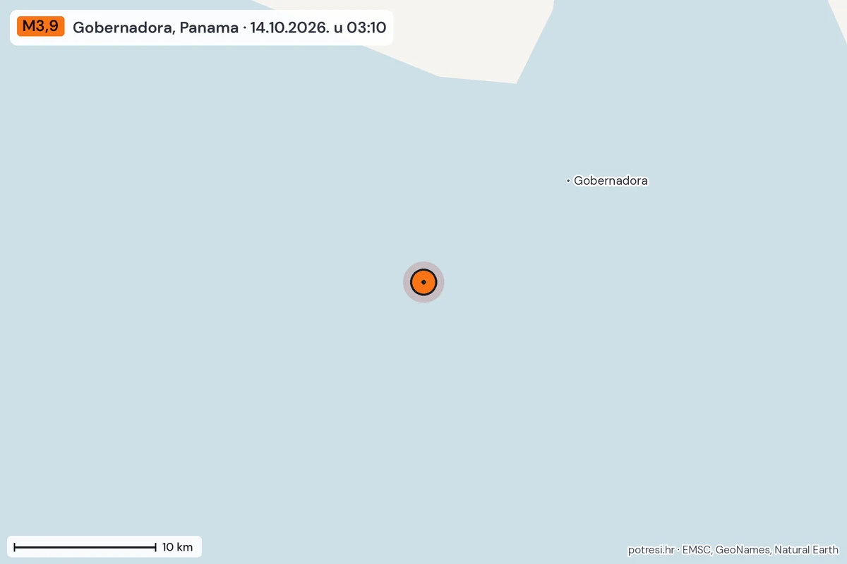 Karta: okolica epicentra, 60 km, potres M3,9, Gobernadora, Panama, 14.10.2026.