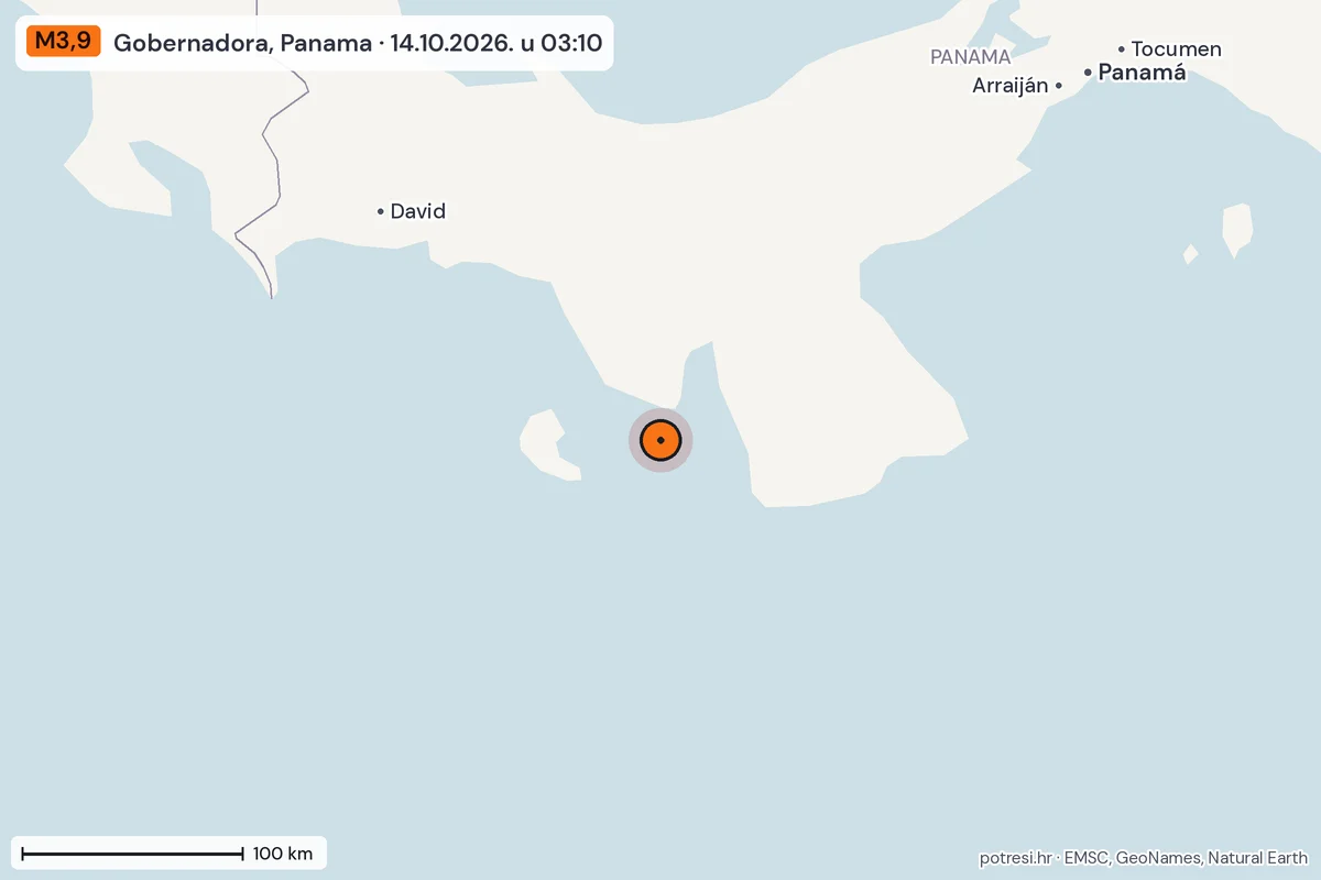 Karta: šire područje, 600 km, potres M3,9, Gobernadora, Panama, 14.10.2026.