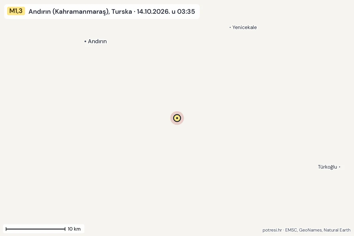 Karta: okolica epicentra, 60 km, potres M1,3, Andırın (Kahramanmaraş), Turska, 14.10.2026.