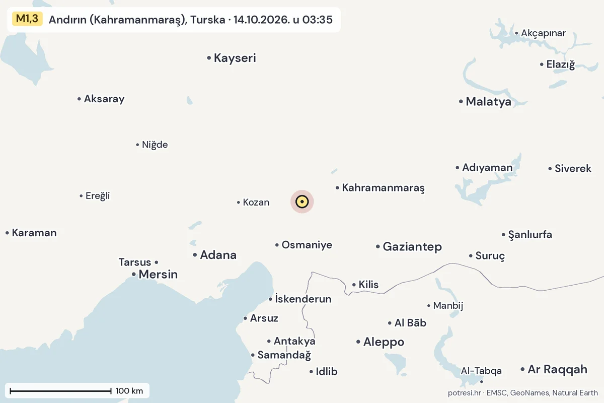 Karta: šire područje, 600 km, potres M1,3, Andırın (Kahramanmaraş), Turska, 14.10.2026.