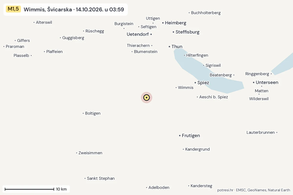 Karta: okolica epicentra, 60 km, potres M1,5, Wimmis, Švicarska, 14.10.2026.