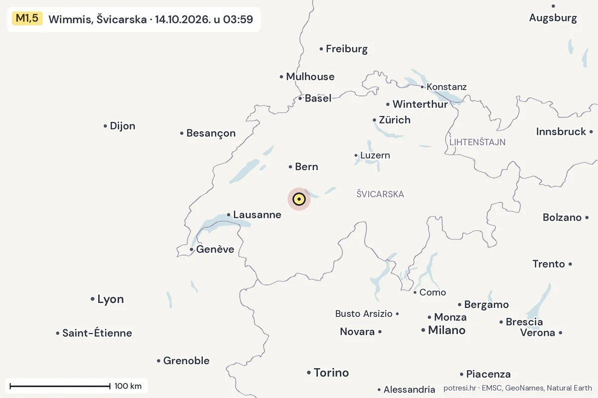 Karta: šire područje, 600 km, potres M1,5, Wimmis, Švicarska, 14.10.2026.