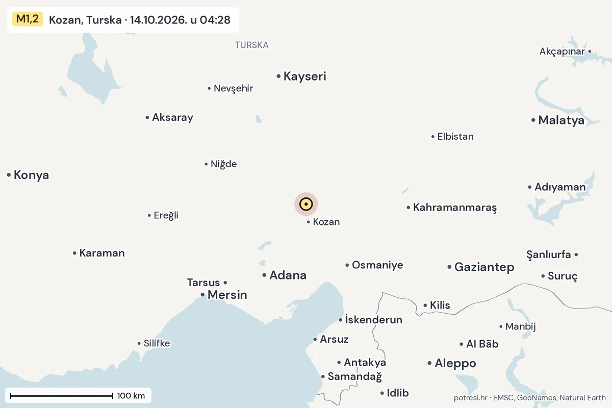 Karta: šire područje, 600 km, potres M1,2, Kozan, Turska, 14.10.2026.