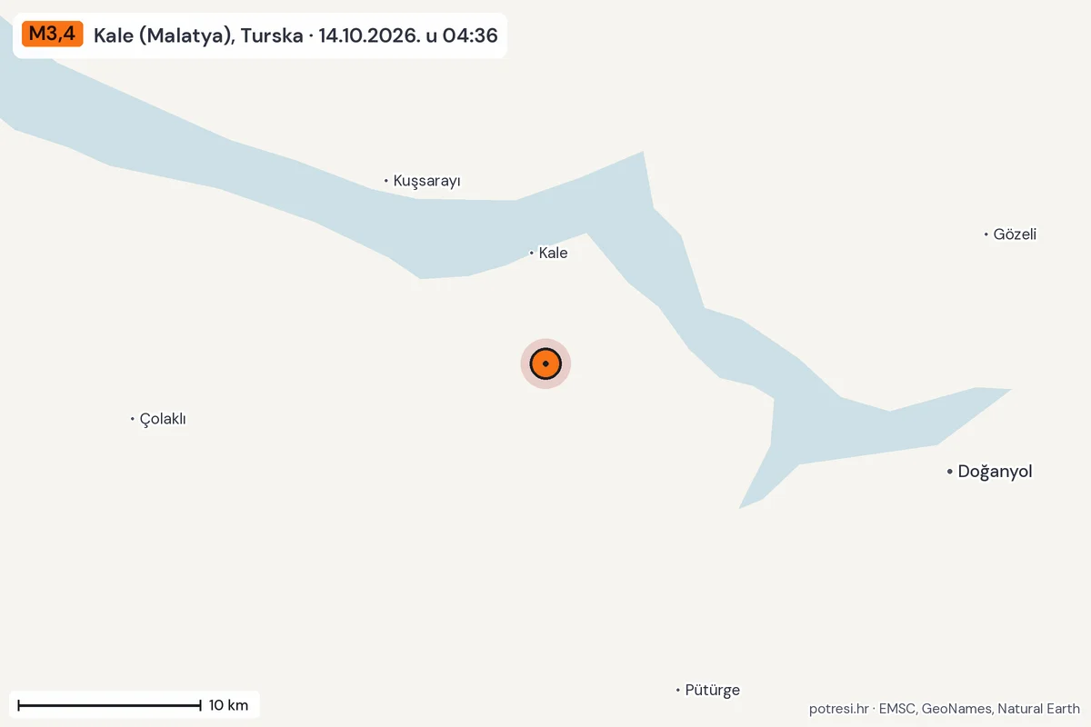 Karta: okolica epicentra, 60 km, potres M3,4, Kale (Malatya), Turska, 14.10.2026.