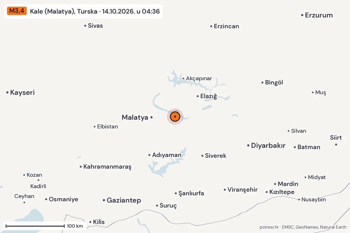 Karta: šire područje, 600 km, potres M3,4, Kale (Malatya), Turska, 14.10.2026.