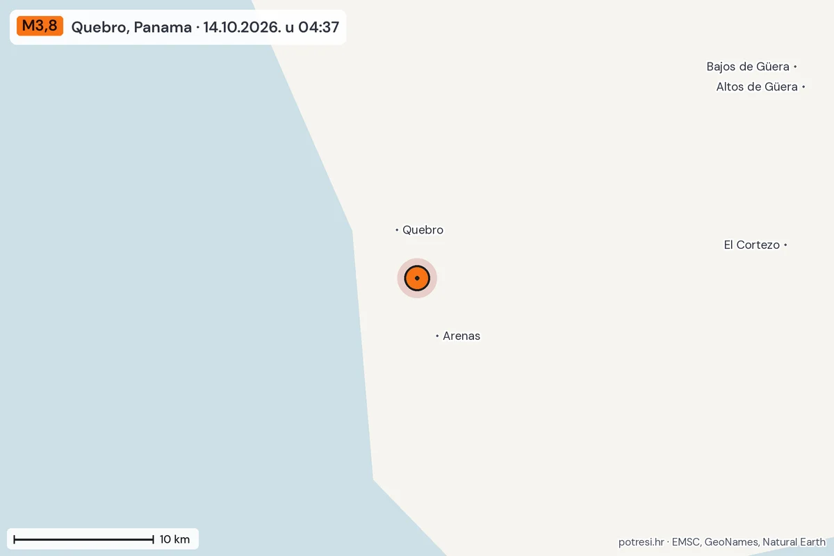 Karta: okolica epicentra, 60 km, potres M3,8, Quebro, Panama, 14.10.2026.