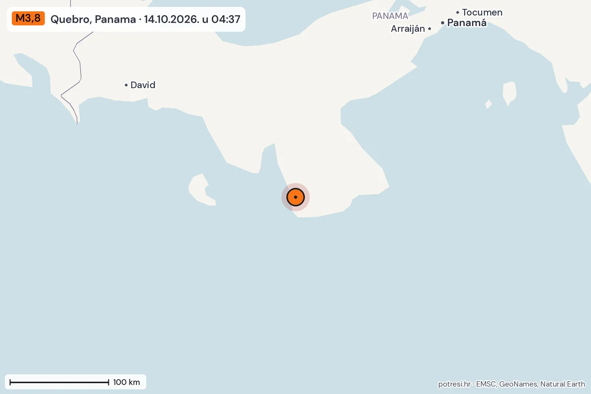 Karta: šire područje, 600 km, potres M3,8, Quebro, Panama, 14.10.2026.