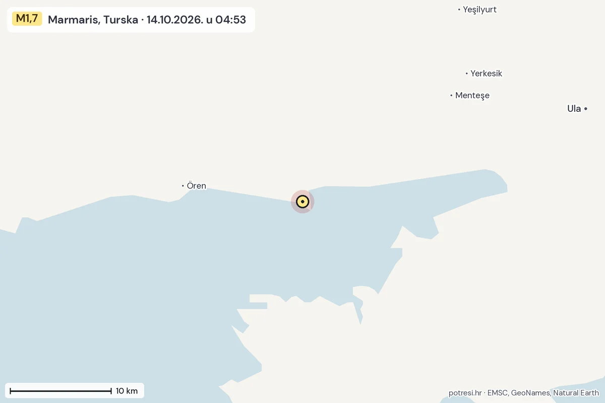Karta: okolica epicentra, 60 km, potres M1,7, Marmaris, Turska, 14.10.2026.