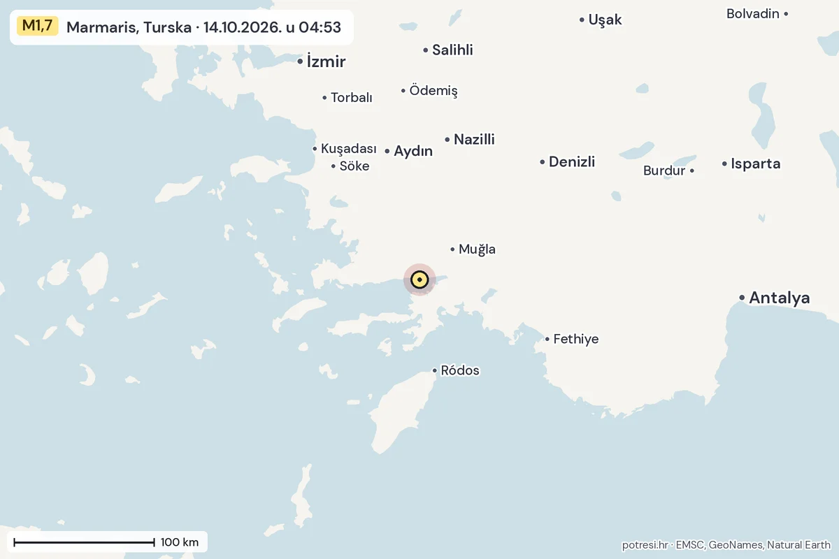 Karta: šire područje, 600 km, potres M1,7, Marmaris, Turska, 14.10.2026.
