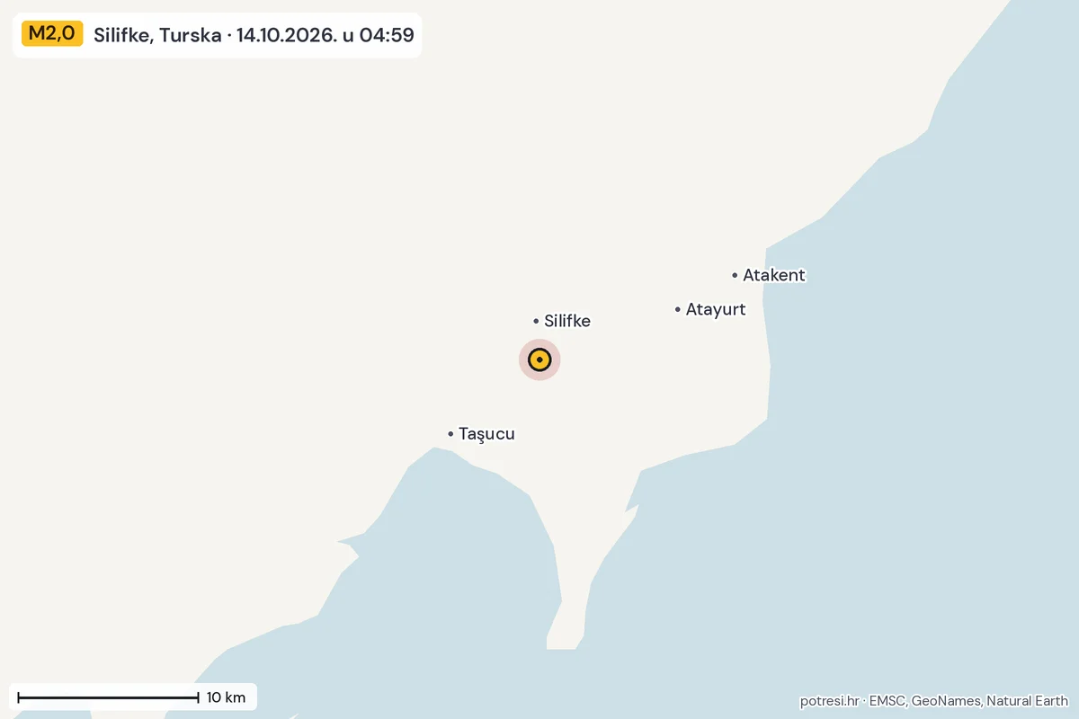 Karta: okolica epicentra, 60 km, potres M2,0, Silifke, Turska, 14.10.2026.