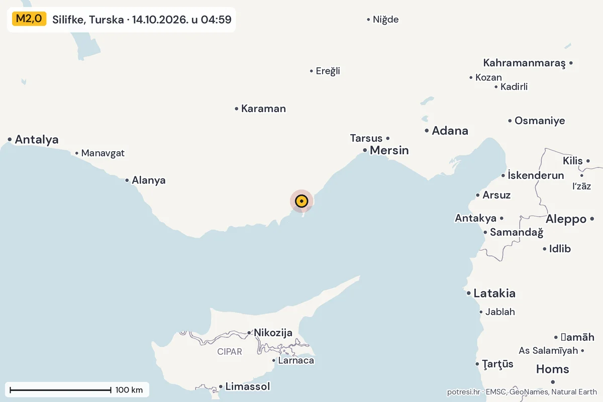 Karta: šire područje, 600 km, potres M2,0, Silifke, Turska, 14.10.2026.