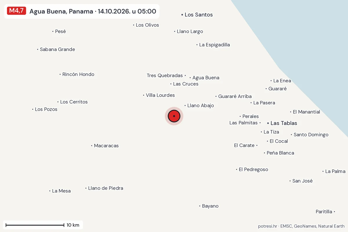 Karta: okolica epicentra, 60 km, potres M4,7, Agua Buena, Panama, 14.10.2026.
