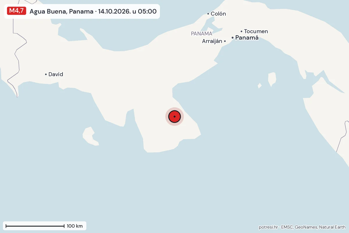 Karta: šire područje, 600 km, potres M4,7, Agua Buena, Panama, 14.10.2026.