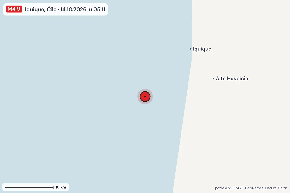Karta: okolica epicentra, 60 km, potres M4,9, Iquique, Čile, 14.10.2026.