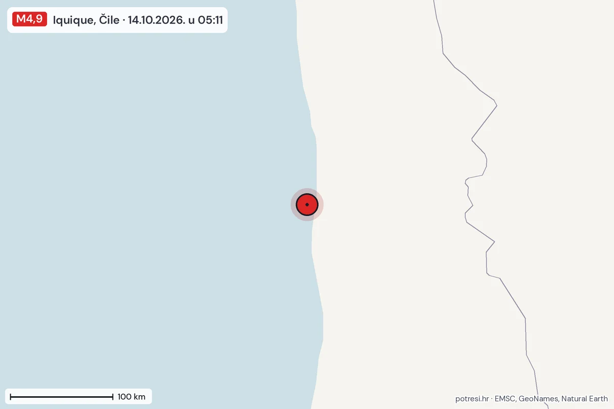 Karta: šire područje, 600 km, potres M4,9, Iquique, Čile, 14.10.2026.