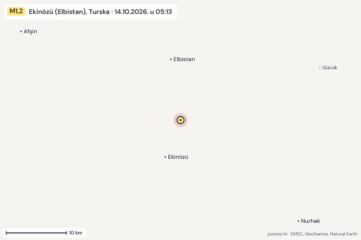 Karta: okolica epicentra, 60 km, potres M1,2, Ekinözü (Elbistan), Turska, 14.10.2026.