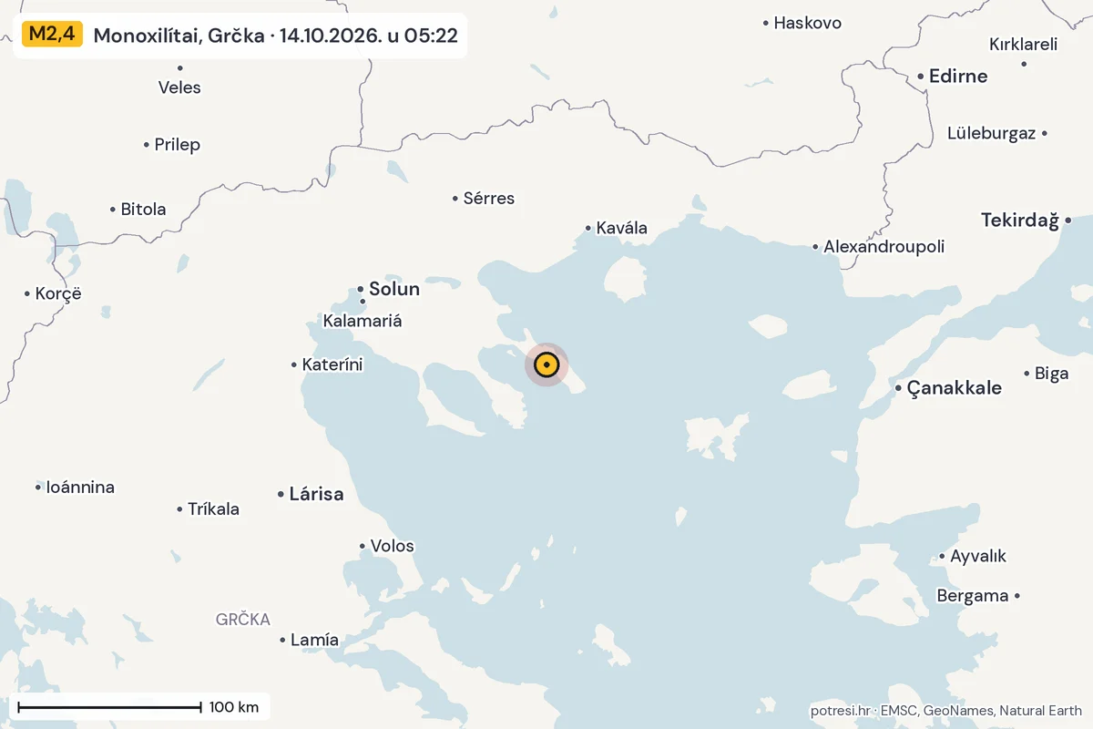 Karta: šire područje, 600 km, potres M2,4, Monoxilítai, Grčka, 14.10.2026.