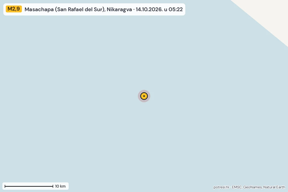 Karta: okolica epicentra, 60 km, potres M2,9, Masachapa (San Rafael del Sur), Nikaragva, 14.10.2026.