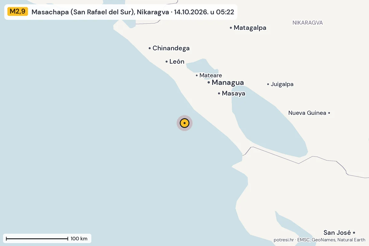 Karta: šire područje, 600 km, potres M2,9, Masachapa (San Rafael del Sur), Nikaragva, 14.10.2026.