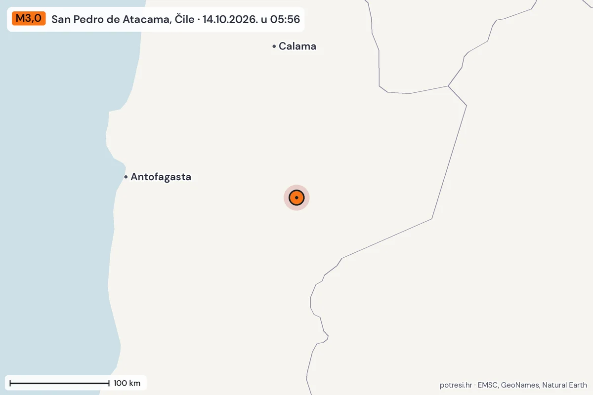 Karta: šire područje, 600 km, potres M3,0, San Pedro de Atacama, Čile, 14.10.2026.