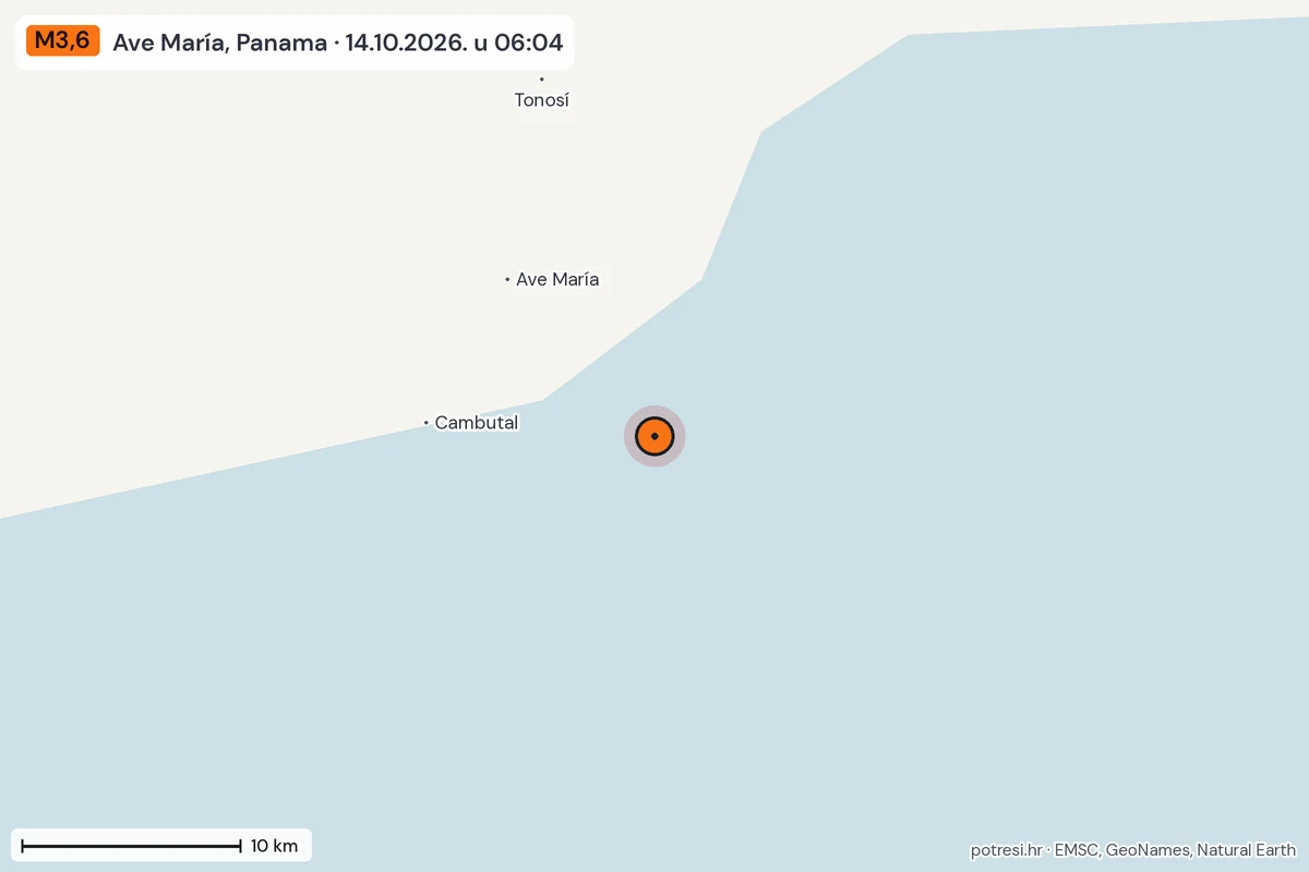 Karta: okolica epicentra, 60 km, potres M3,6, Ave María, Panama, 14.10.2026.
