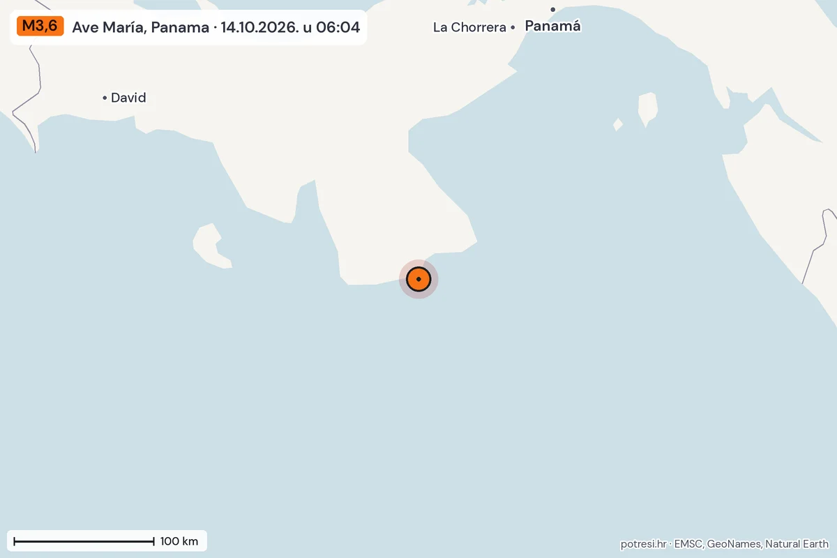 Karta: šire područje, 600 km, potres M3,6, Ave María, Panama, 14.10.2026.