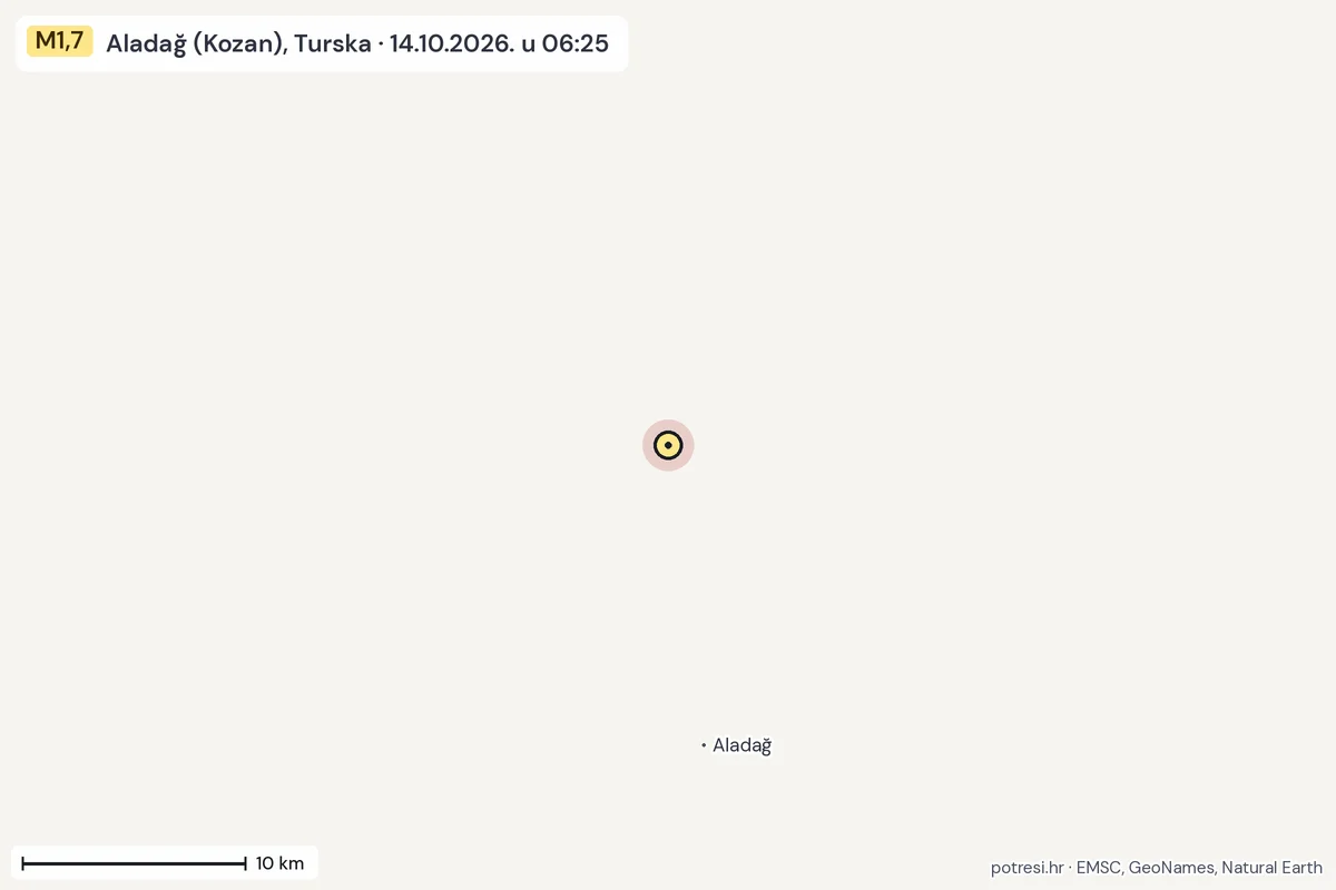 Karta: okolica epicentra, 60 km, potres M1,7, Aladağ (Kozan), Turska, 14.10.2026.