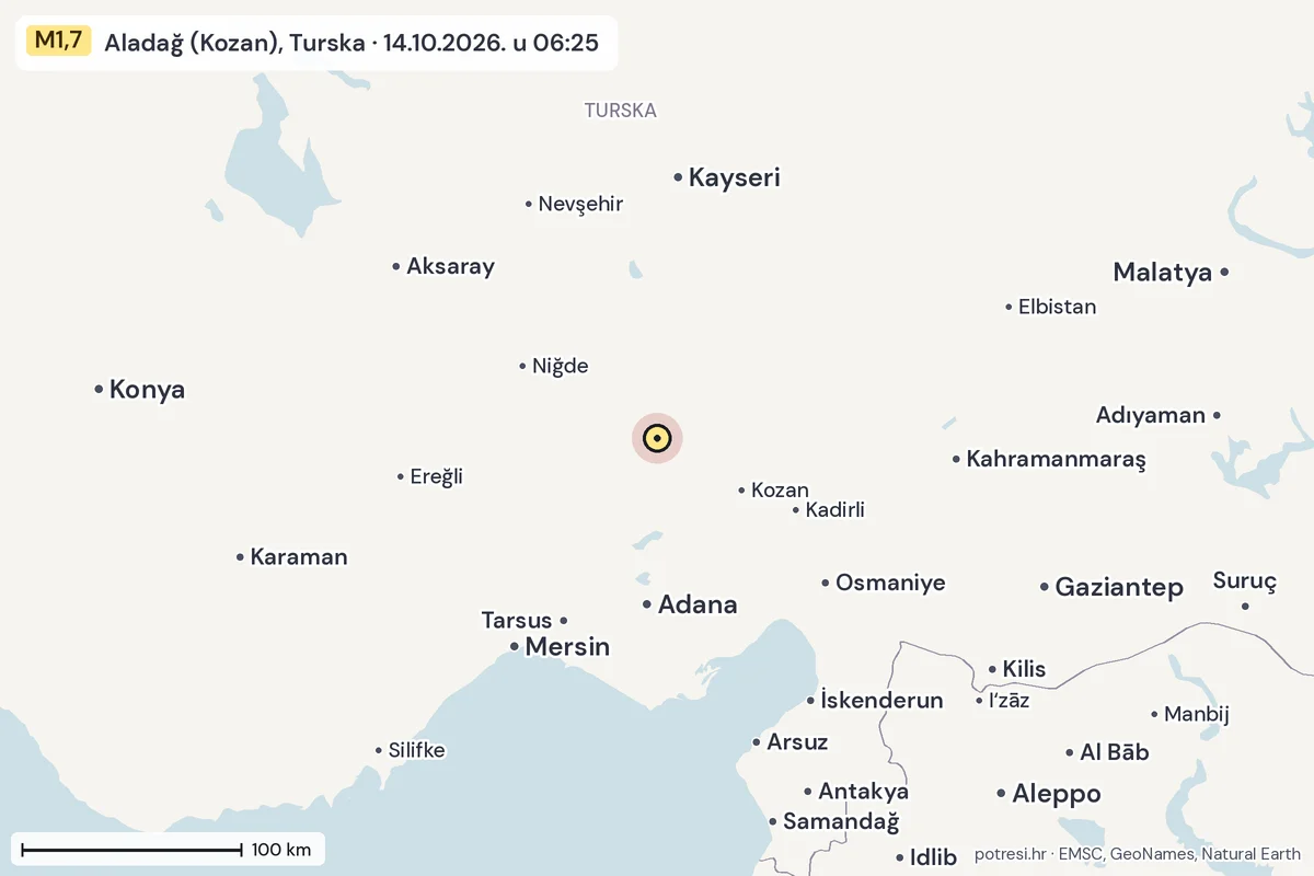 Karta: šire područje, 600 km, potres M1,7, Aladağ (Kozan), Turska, 14.10.2026.