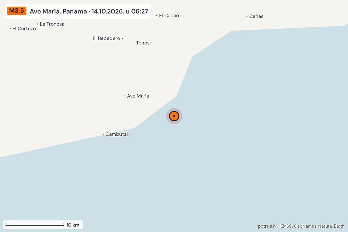 Karta: okolica epicentra, 60 km, potres M3,5, Ave María, Panama, 14.10.2026.