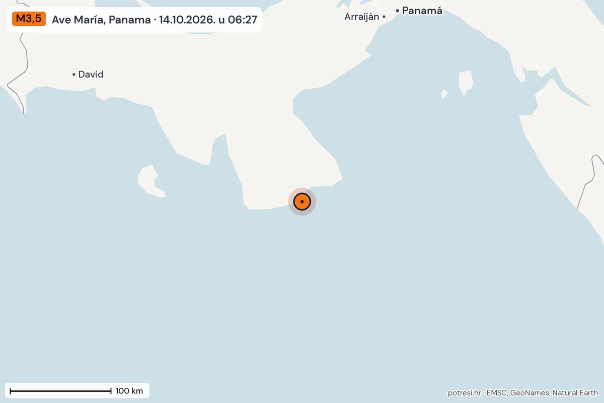 Karta: šire područje, 600 km, potres M3,5, Ave María, Panama, 14.10.2026.
