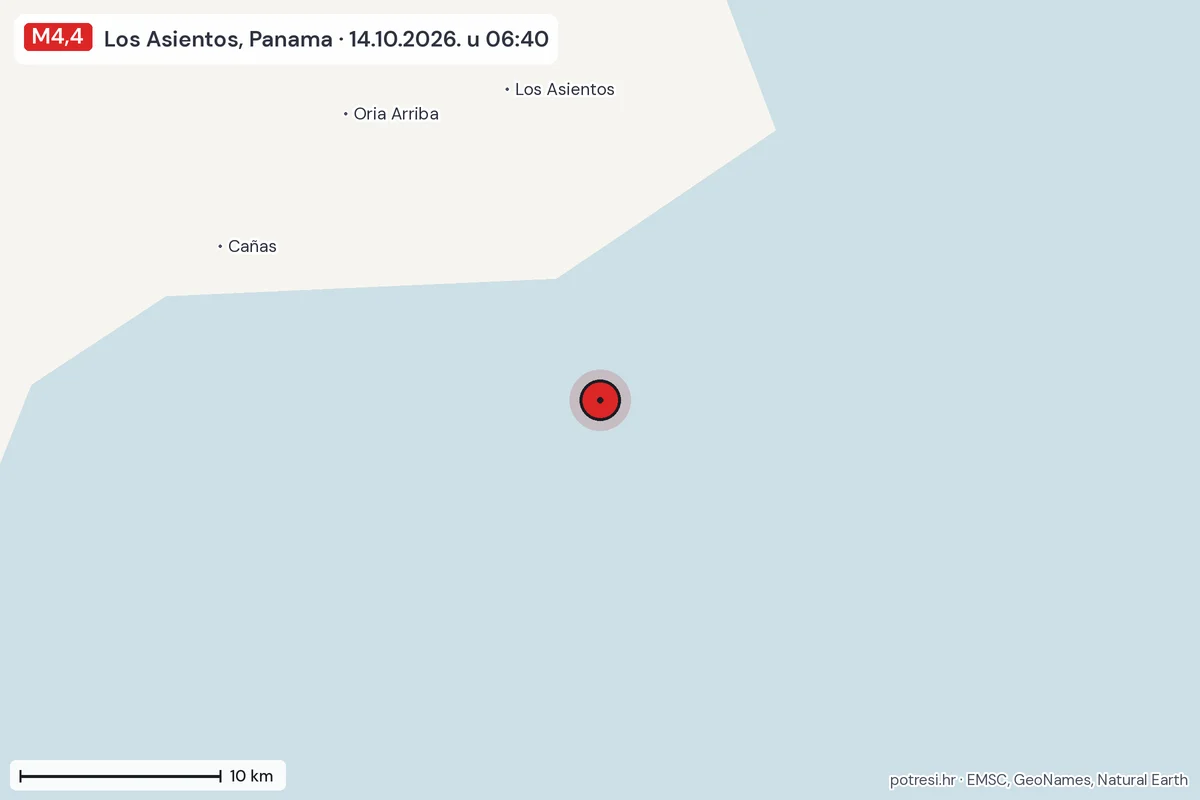 Karta: okolica epicentra, 60 km, potres M4,4, Los Asientos, Panama, 14.10.2026.