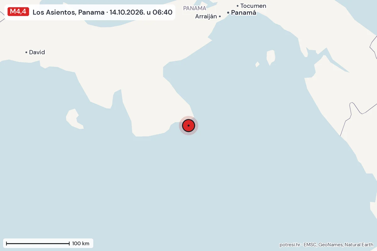 Karta: šire područje, 600 km, potres M4,4, Los Asientos, Panama, 14.10.2026.